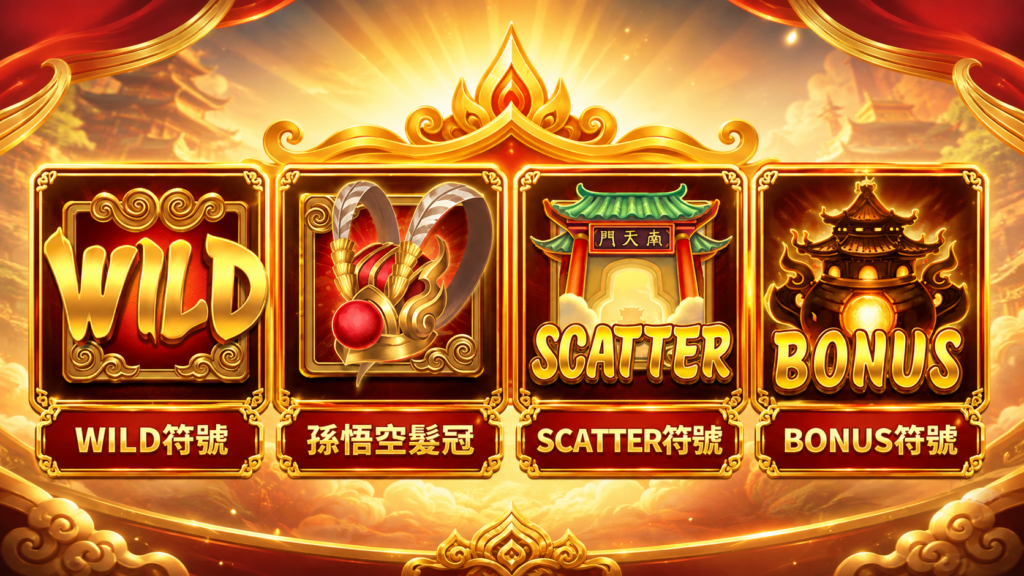 孫行者特殊符號,包含WILD、髮冠、SCATTER與BONUS