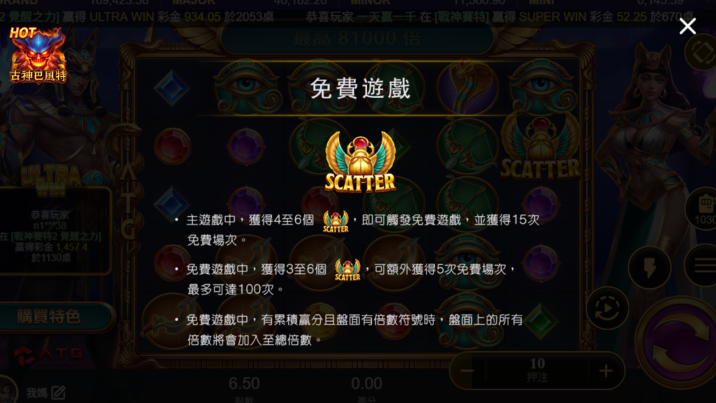 戰神賽特2免費遊戲規則，4至6個SCATTER觸發15次免費遊戲