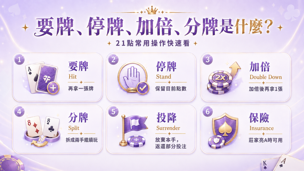 21點基本策略常用操作,包含要牌、停牌、加倍、分牌、投降與保險