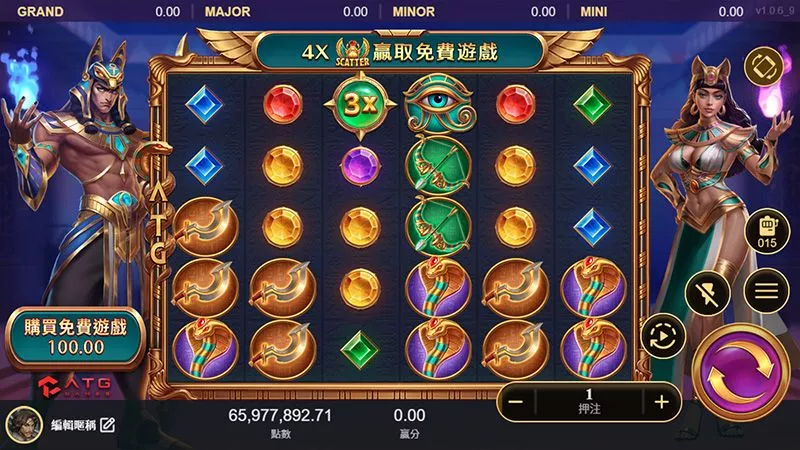 戰神賽特2遊戲畫面，6×5盤面與購買免費遊戲功能