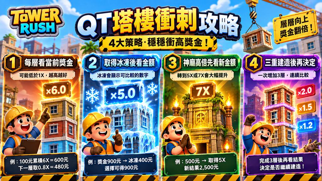 QT塔樓衝刺攻略中的4大策略,包含查看當前獎金、冰凍金額、神廟高倍與三重建造後再決定是否繼續建造