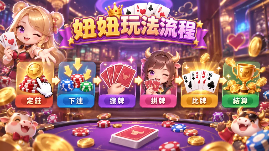 妞妞玩法教學，包含定莊、下注、發牌、拼牌、比牌與結算流程