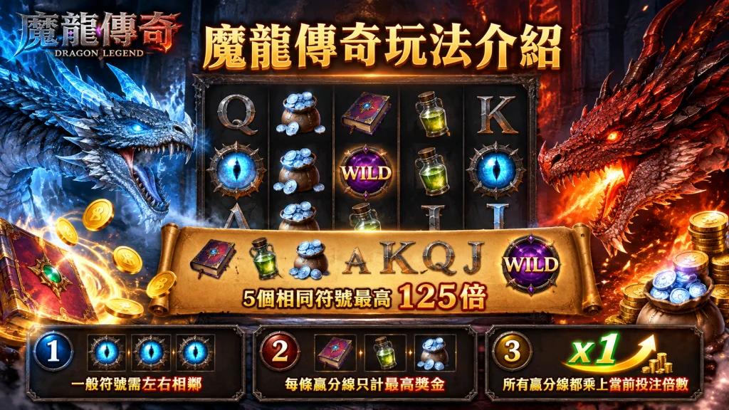 RSG魔龍傳奇玩法介紹，包含20線老虎機、相鄰符號得獎與最高125倍符號賠率