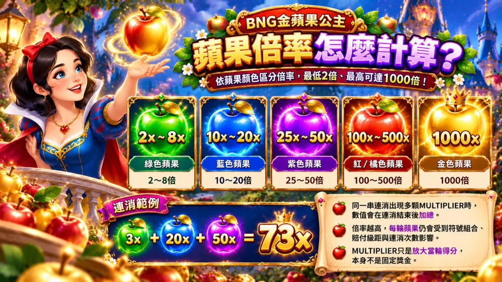 BNG金蘋果公主玩法中的蘋果倍率機制，依綠色、藍色、紫色、紅橙色與金色蘋果區分2X至1000X倍率，連消時倍率可累加