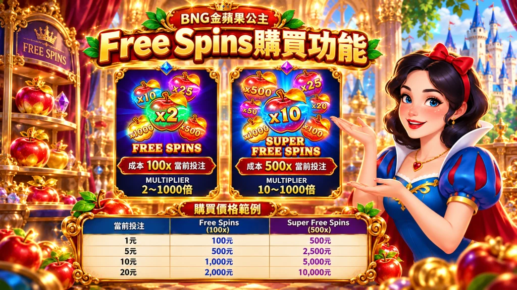 BNG金蘋果公主玩法中的Free Spins購買功能，可用100倍當前投注購買Free Spins，或用500倍投注購買Super Free Spins，倍率範圍分別為2～1000倍與10～1000倍