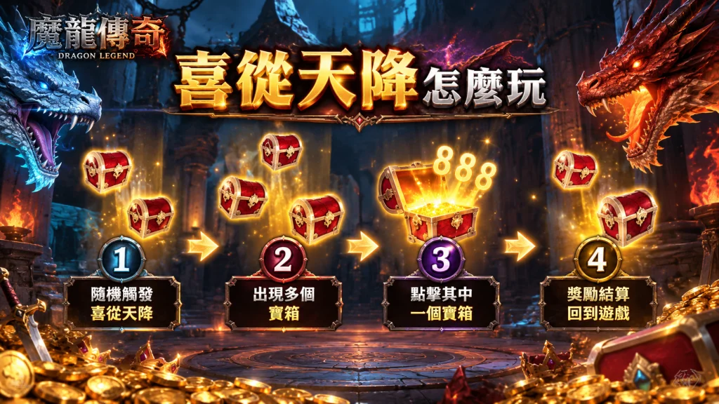 RSG魔龍傳奇玩法中的喜從天降寶箱獎勵，隨機觸發多個寶箱並選擇其中一個取得獎勵