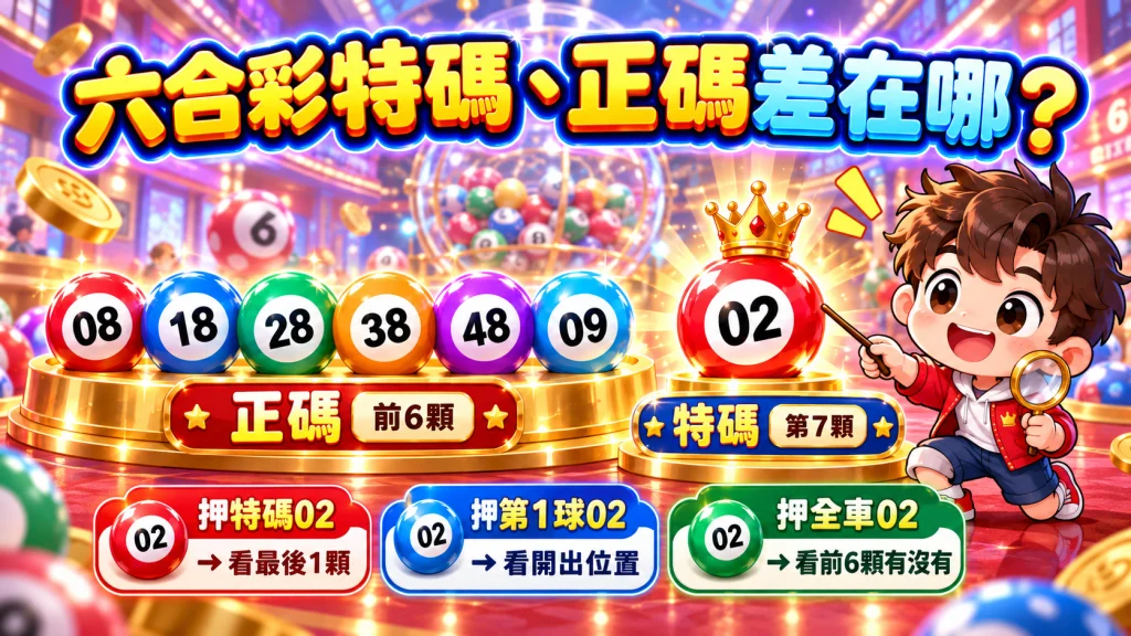 六合彩玩法中的特碼與正碼差異,前6顆開獎號碼為正碼、第7顆為特碼,並示範特碼、指定球位與全車的判定方式