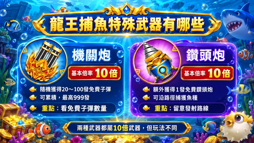 龍王捕魚特殊武器玩法，包含機關炮與鑽頭炮的10倍倍率及免費子彈機制