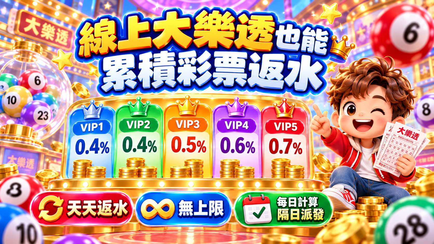 線上大樂透返水比例介紹,VIP1至VIP5依等級提供0.4%至0.7%返水,採每日計算與隔日派發機制