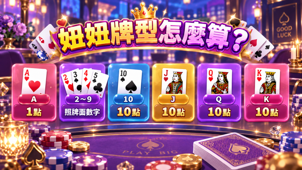 妞妞牌型點數計算方式，A算1點、2至9依牌面數字、10與JQK算10點