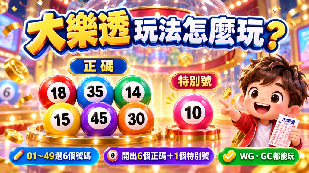 大樂透玩法介紹,從01至49選6個號碼,開獎為6個正碼加1個特別號,WG與GC皆提供線上大樂透玩法