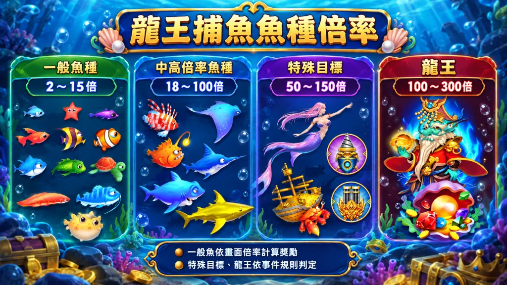 龍王捕魚攻略魚種倍率表，包含一般魚、中高倍率魚、特殊目標與龍王獎勵