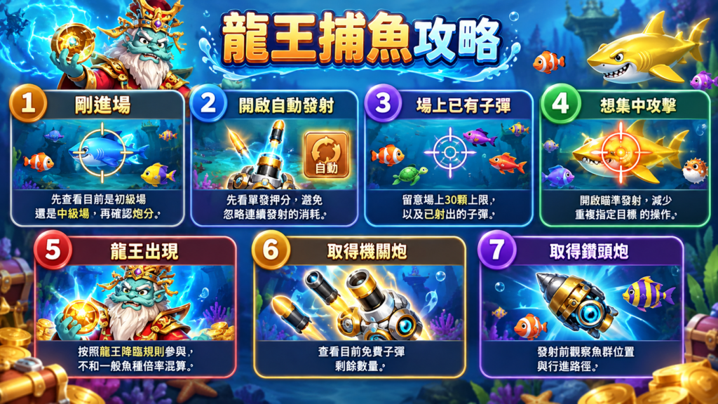 龍王捕魚攻略實戰打法，包含場次判斷、自動發射、瞄準魚種、龍王事件與機關炮鑽頭炮使用方式