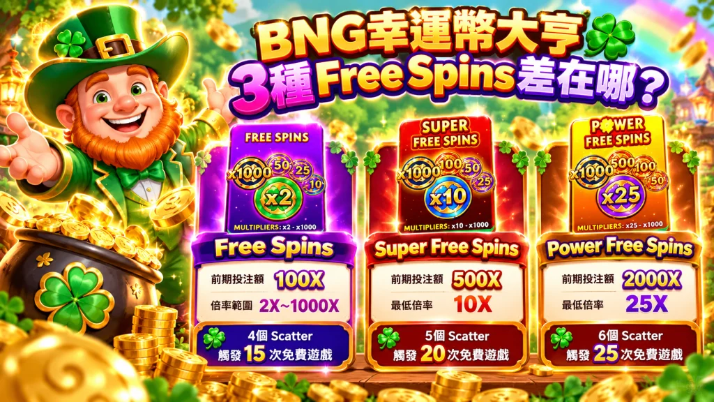 幸運幣大亨免費遊戲分為Free Spins、Super Free Spins與Power Free Spins,分別對應4、5、6個Scatter觸發15、20、25次免費旋轉,最低倍率為2X、10X與25X