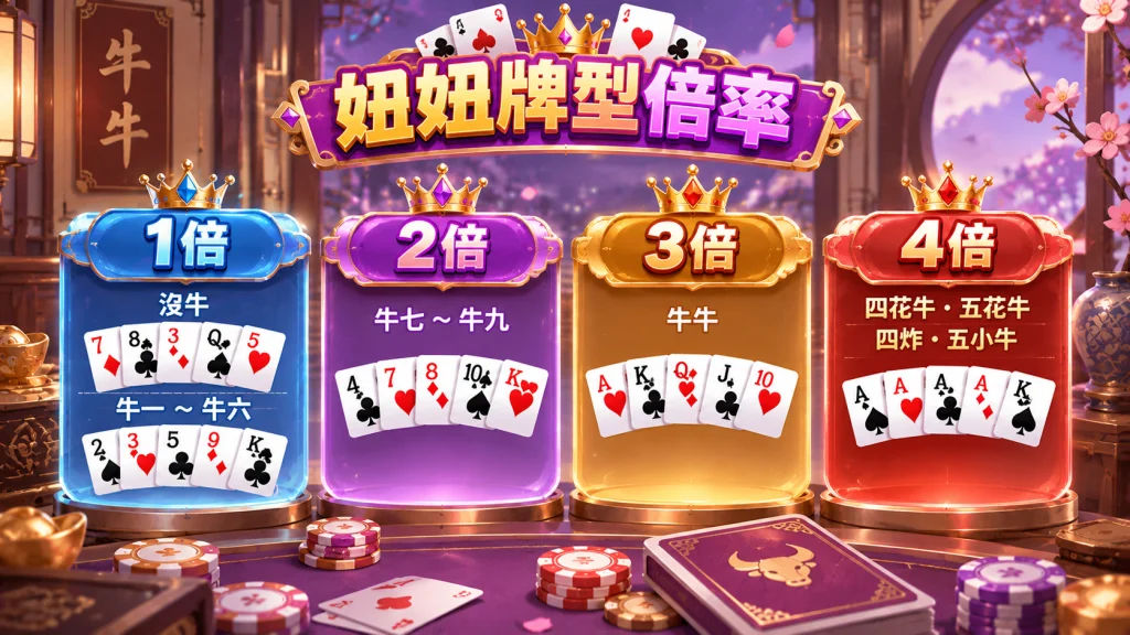 妞妞牌型倍率表，包含沒牛、牛一至牛九、牛牛與四花牛、五花牛等倍率介紹