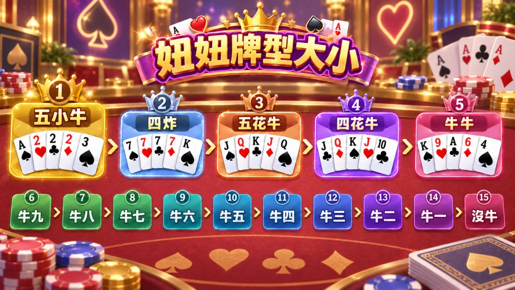妞妞牌型大小比較，包含五小牛、四炸、五花牛、四花牛、牛牛至沒牛牌型順序