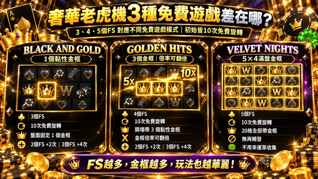 QT電子奢華老虎機3種免費遊戲模式比較圖，說明BLACK AND GOLD、GOLDEN HITS、VELVET NIGHTS的FS觸發條件與金框玩法差異