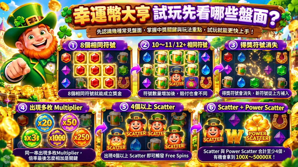 幸運幣大亨試玩盤面重點,包含8個以上相同符號計獎、得獎符號消失、Multiplier倍率、4個以上Scatter觸發免費遊戲,以及Power Scatter獎勵機制