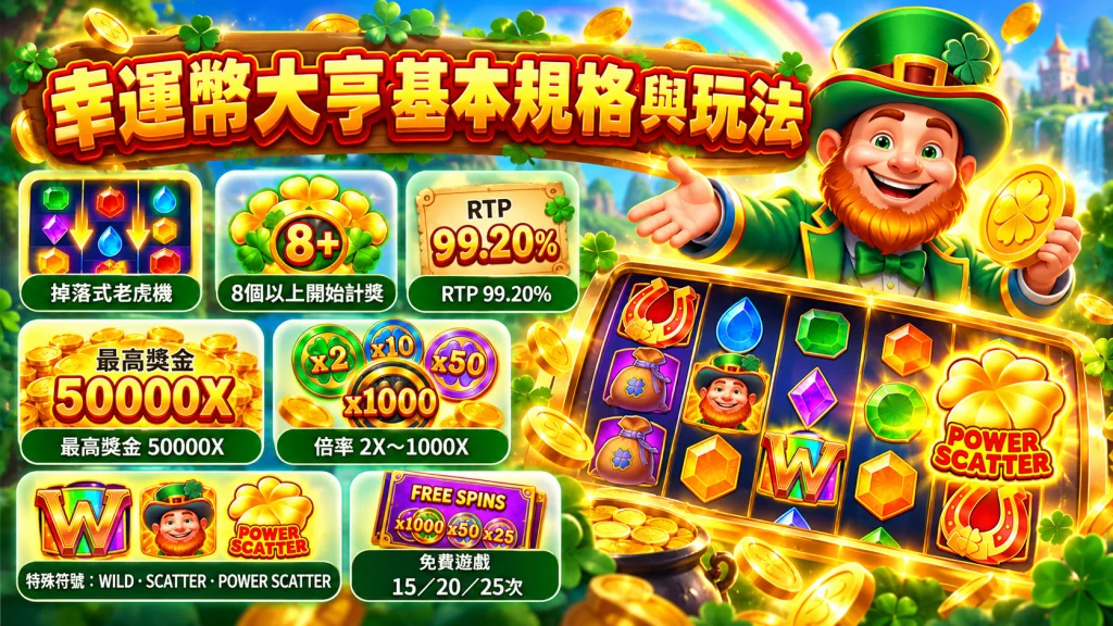 BNG電子幸運幣大亨老虎機畫面,包含WILD、SCATTER、POWER SCATTER與免費遊戲玩法