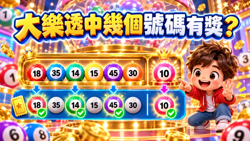 大樂透玩法中的對獎示意圖,依6個正碼與1個特別號比對選號結果,說明大樂透中獎號碼的判定方式