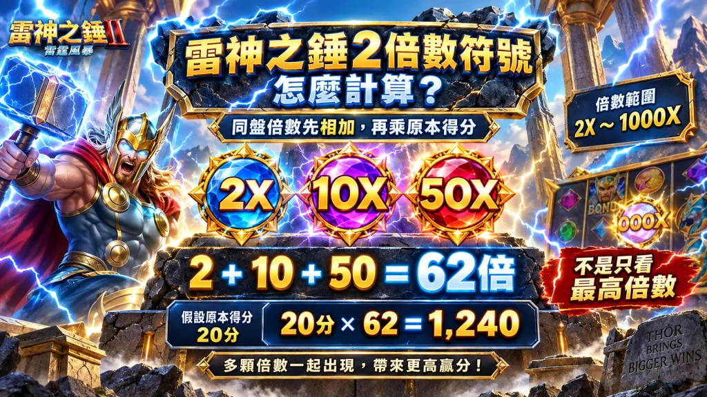 雷神之錘2倍數符號計算方式，說明同盤倍數相加與最高1000倍機制