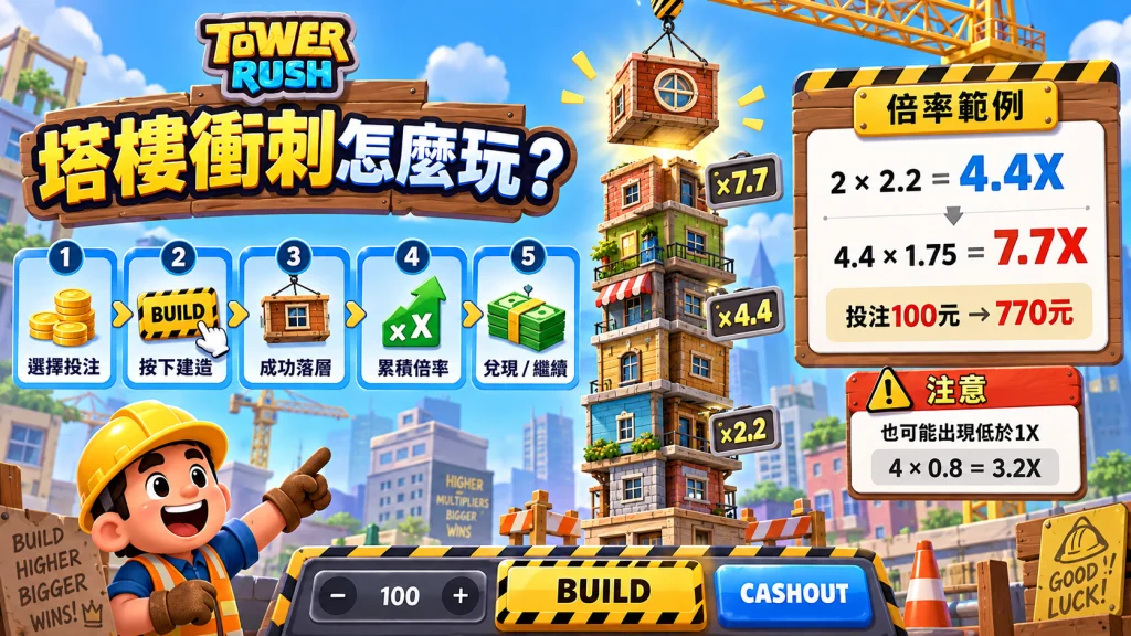 QT塔樓衝刺玩法介紹,成功落層可累積倍率,玩家可選擇繼續建造或Cashout兌現獎勵
