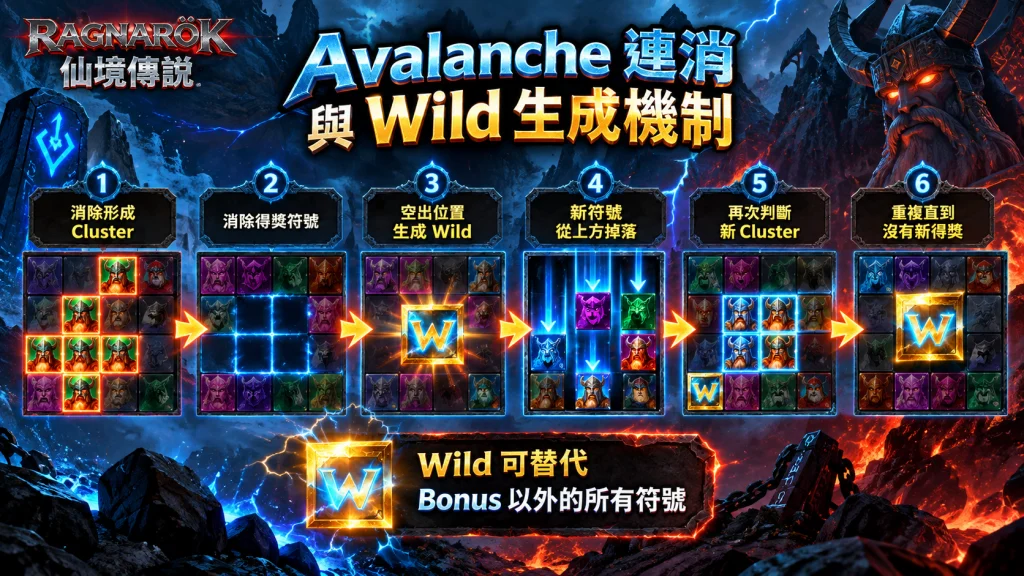 QT仙境傳說玩法中的Avalanche連消與Wild生成機制，Cluster得獎後消除符號、生成Wild並持續判斷新群組