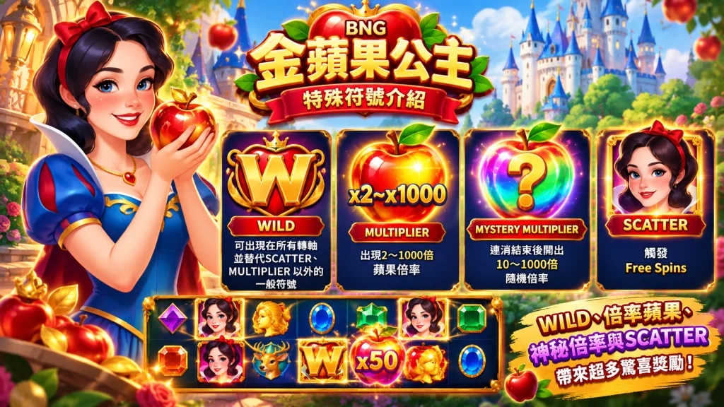 BNG金蘋果公主特殊符號，包含WILD、2X至1000X倍率蘋果、神秘倍率與SCATTER免費遊戲機制