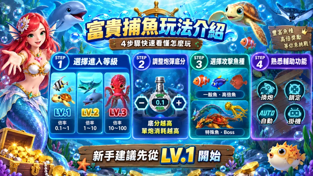 富貴捕魚玩法教學，4步驟認識房間、炮台、魚種與輔助功能