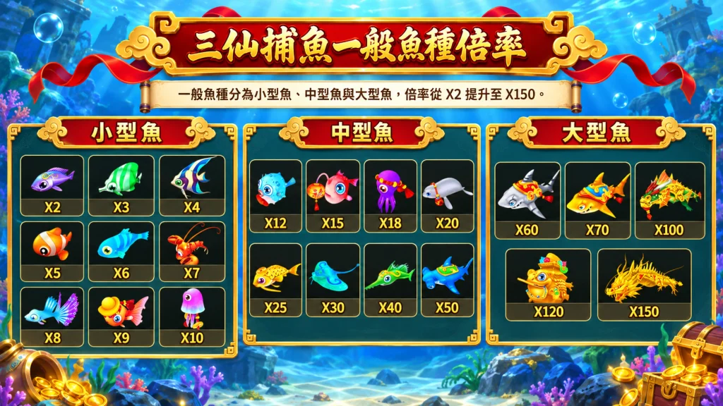 三仙捕魚攻略魚種倍率表,包含小型魚、中型魚與大型魚2倍至150倍獎勵