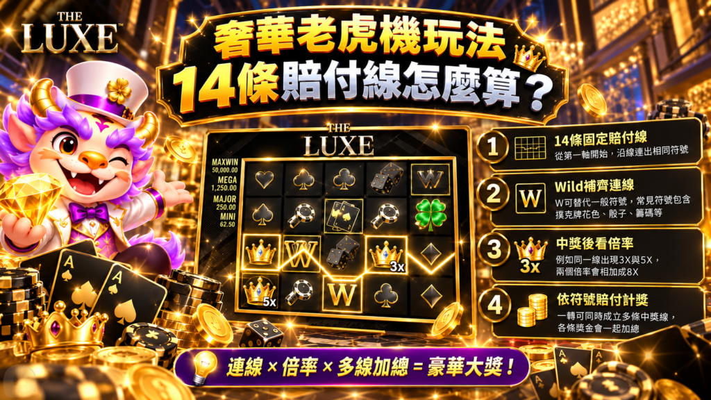 QT奢華老虎機玩法介紹，採14條固定賠付線，WILD可補齊連線，中獎後倍率可累加計算得分