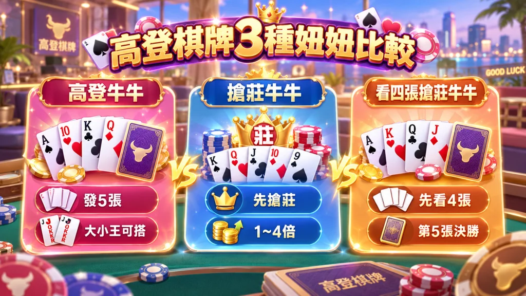 高登棋牌妞妞玩法比較，包含高登牛牛、搶莊牛牛與看四張搶莊牛牛規則差異