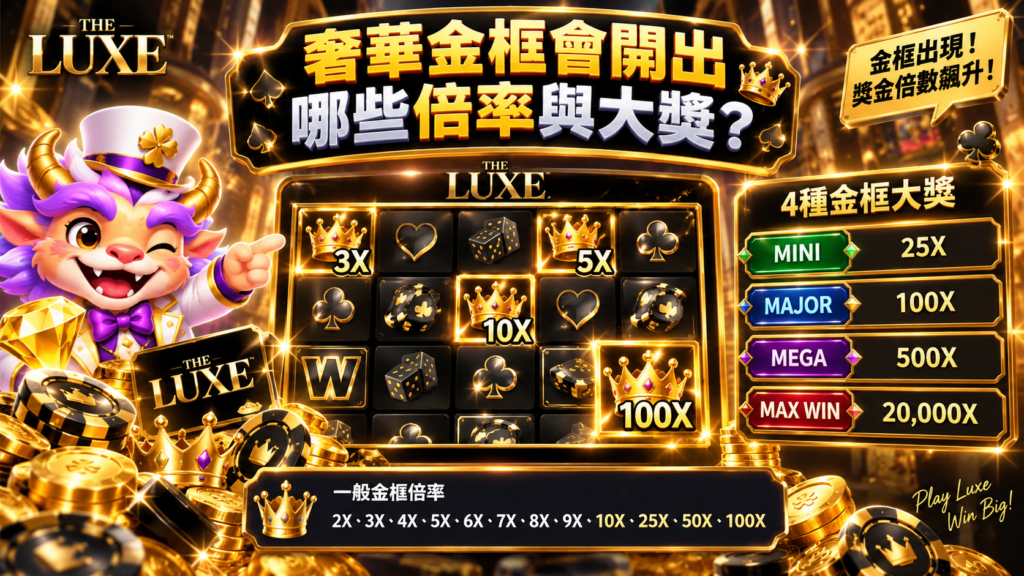 QT奢華老虎機玩法中的金框倍率與大獎機制，金框可開出2X至100X倍率，另有MINI、MAJOR、MEGA與MAX WIN獎勵