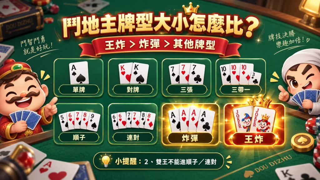 鬥地主玩法中的單牌、對牌、三張、三帶一、順子、連對、炸彈與王炸牌型介紹