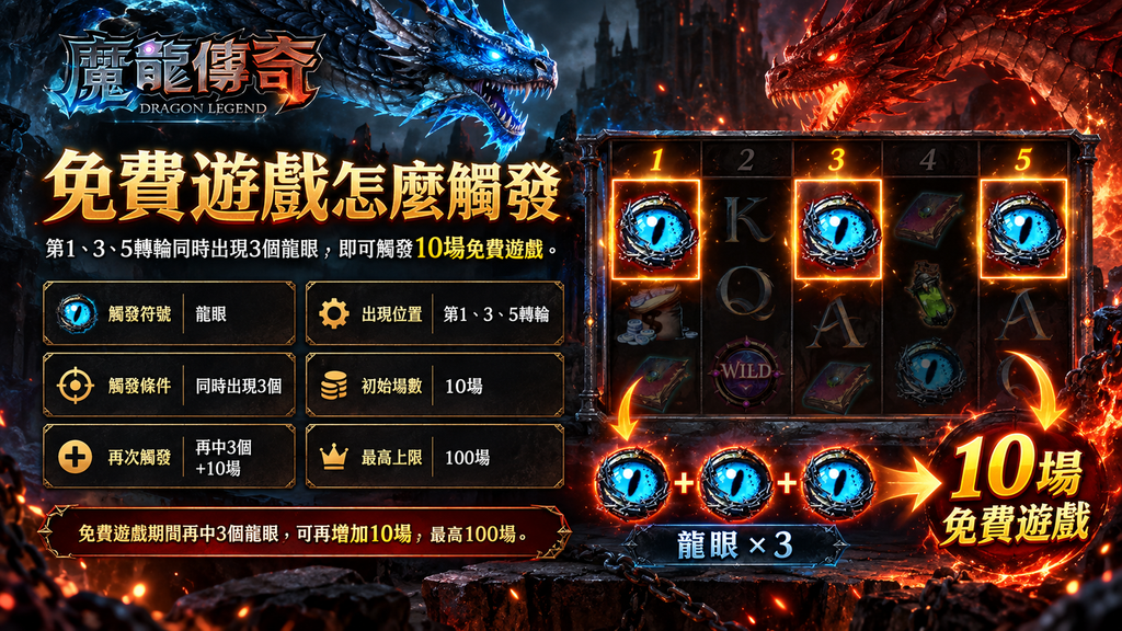 RSG魔龍傳奇玩法中的免費遊戲觸發機制，第1、3、5轉輪同時出現3個龍眼可開啟10場免費遊戲，最高可累積100場