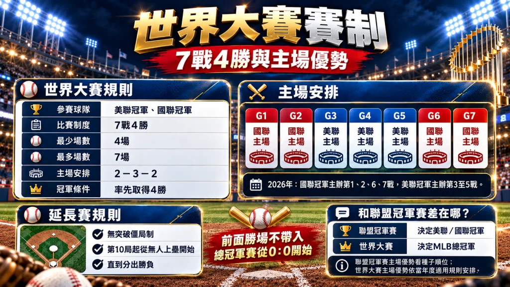 2026 MLB世界大賽賽制圖解，整理7戰4勝、2-3-2主場安排、延長賽規則與美聯國聯冠軍對戰方式。