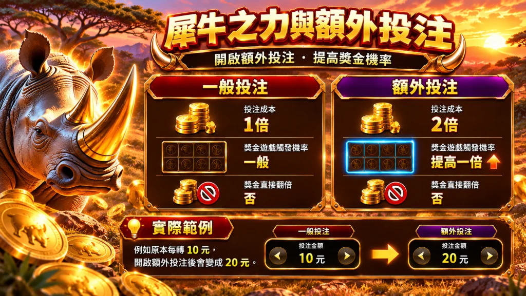BNG荒野犀金額外投注功能，開啟後投注成本由1倍提高至2倍，獎金遊戲觸發機率同步提高一倍