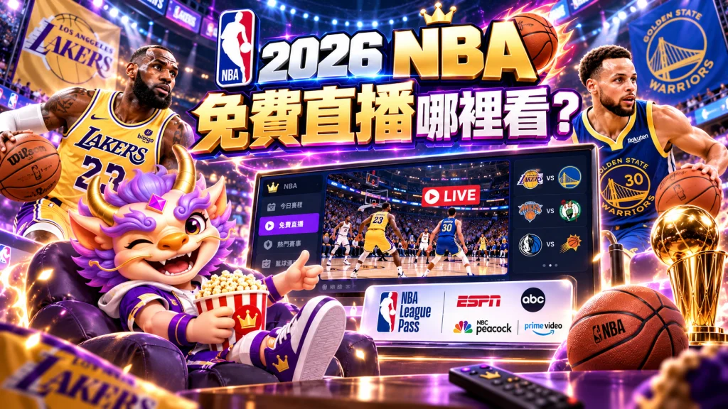 2026 NBA免費直播資訊圖，整理NBA賽程觀看方式與League Pass、ESPN、ABC等常見直播平台。
