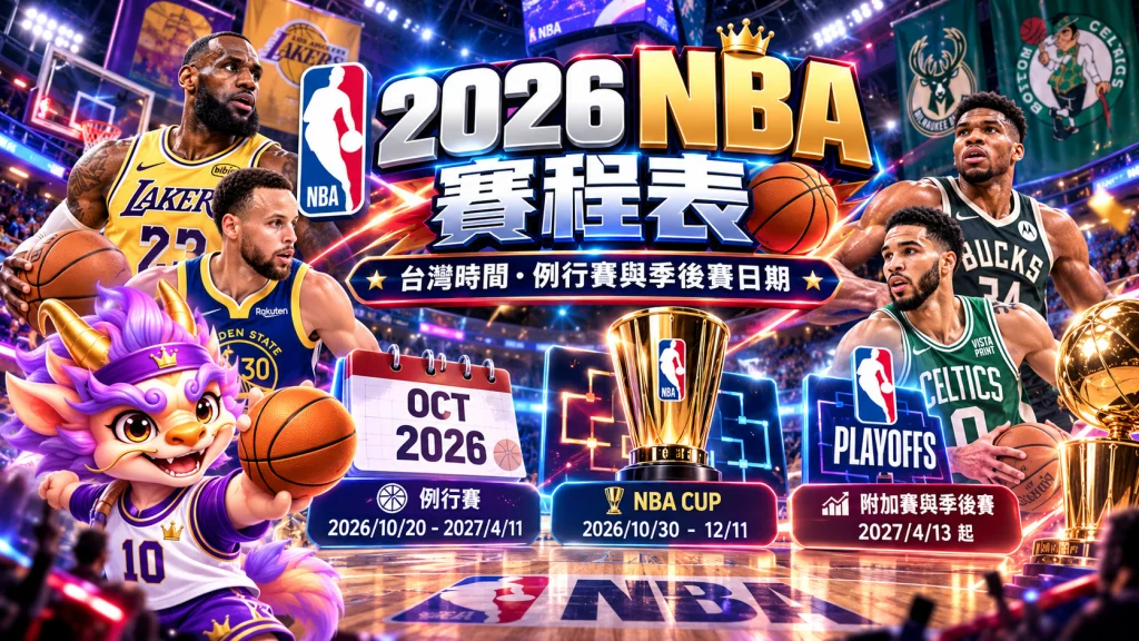 2026 NBA賽程表圖解，整理台灣時間、例行賽、NBA Cup與2027附加賽及季後賽日期。