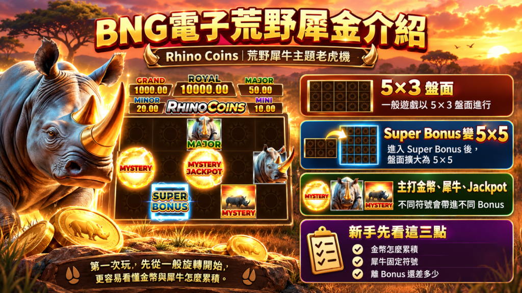BNG荒野犀金玩法介紹，包含5×3盤面、Super Bonus、金幣符號與犀牛特殊符號機制