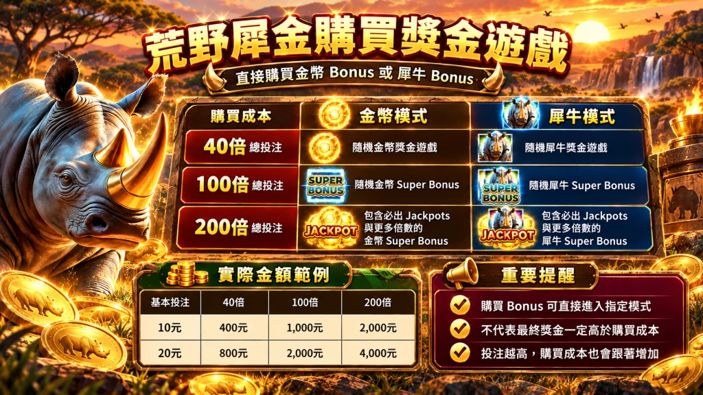 BNG荒野犀金購買獎金遊戲，可用40倍、100倍或200倍總投注直接進入金幣模式、Super Bonus或Jackpot相關獎金模式