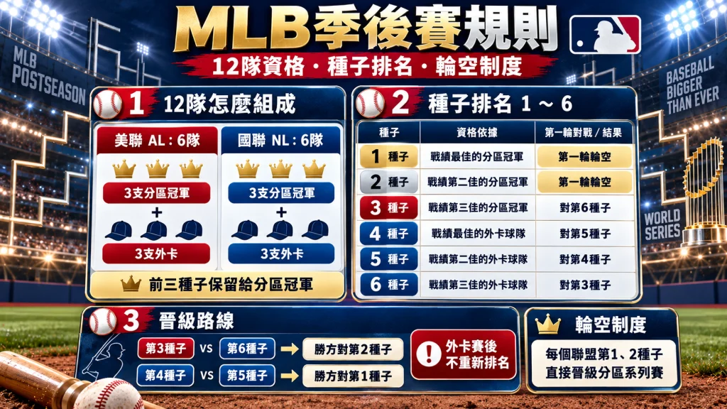 MLB季後賽規則圖解,整理美聯與國聯各6隊組成、1至6種子排名、外卡對戰與前兩種子輪空制度。