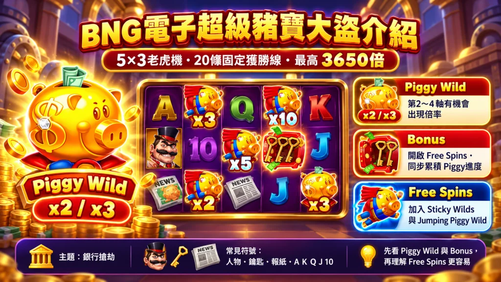 BNG超級豬寶大盜玩法介紹，包含Piggy Wild倍數、Bonus進度與Free Spins特殊機制