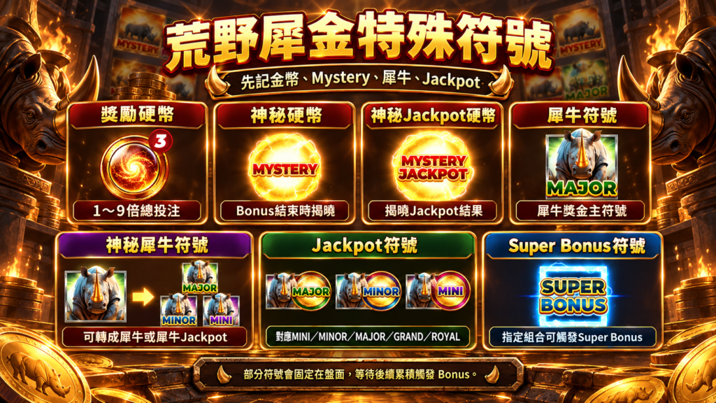 BNG荒野犀金特殊符號介紹，包含獎勵硬幣、神秘硬幣、神秘Jackpot硬幣、犀牛符號、Jackpot符號與Super Bonus機制