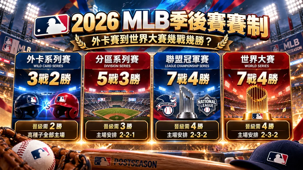 2026 MLB季後賽賽制圖解,整理外卡系列賽3戰2勝、分區系列賽5戰3勝,以及聯盟冠軍賽與世界大賽7戰4勝制度。