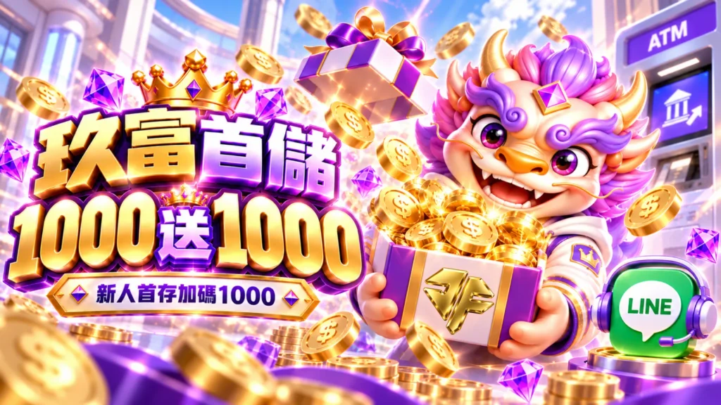 九州娛樂城首儲優惠圖，說明新會員首次ATM匯款滿1000元，可申請首儲1000送1000加碼活動。