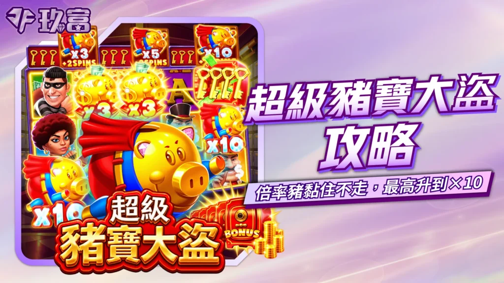 BNG超級豬寶大盜玩法攻略，畫面呈現Piggy Wild倍率豬、Bonus符號與Free Spins機制，倍率最高可提升至10倍。